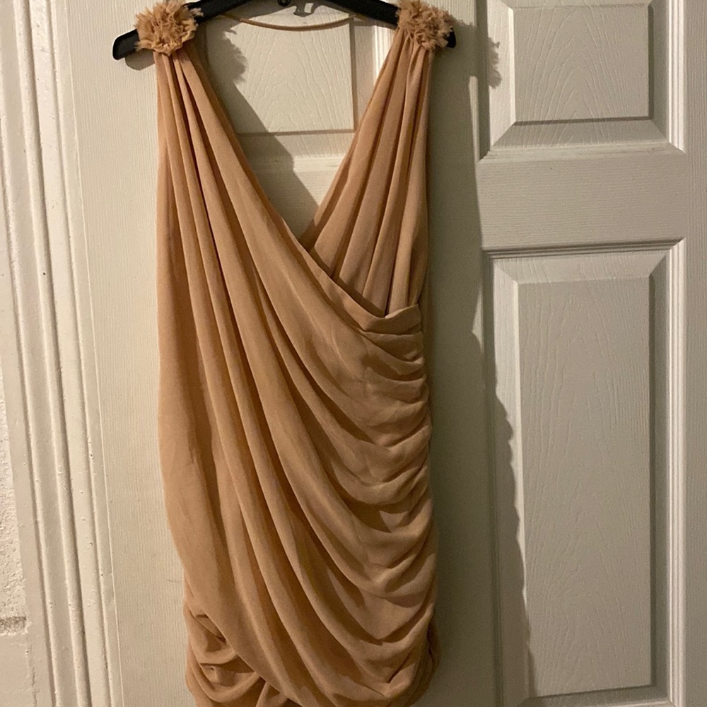 Pale pink/salmon ruched Grecian minidress